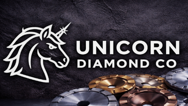Unicorn Diamond Co logo with diamond cutting tools on a dark background